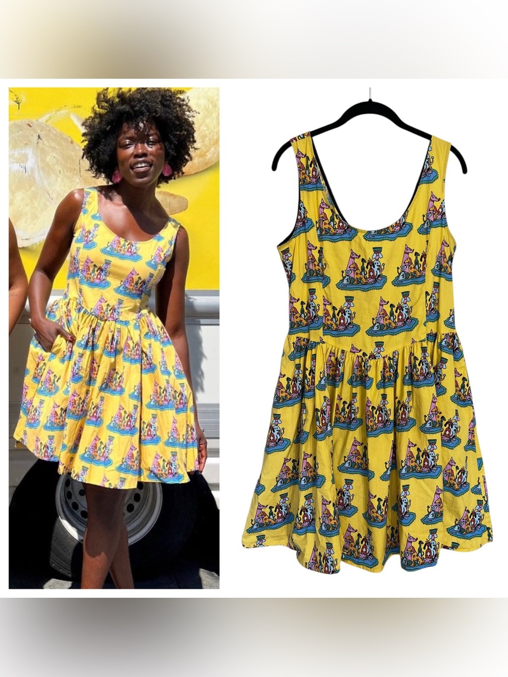 Nooworks Mini Misty Dog Party print yellow dress pockets whimsical dog lover L